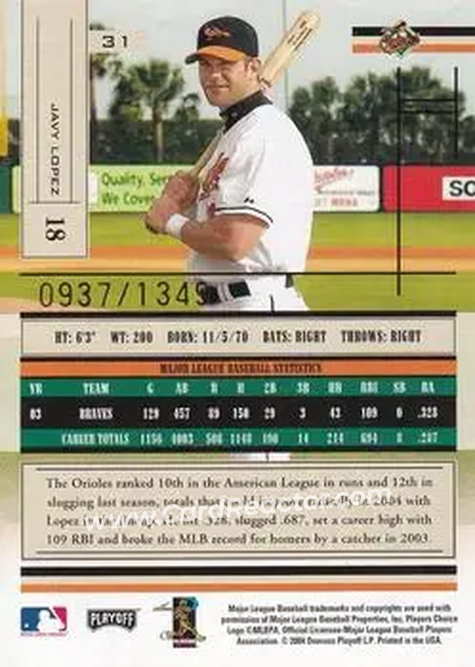 2004 Playoff Absolute Memorabilia #31 - Javier Lopez - Baltimore Orioles - Back