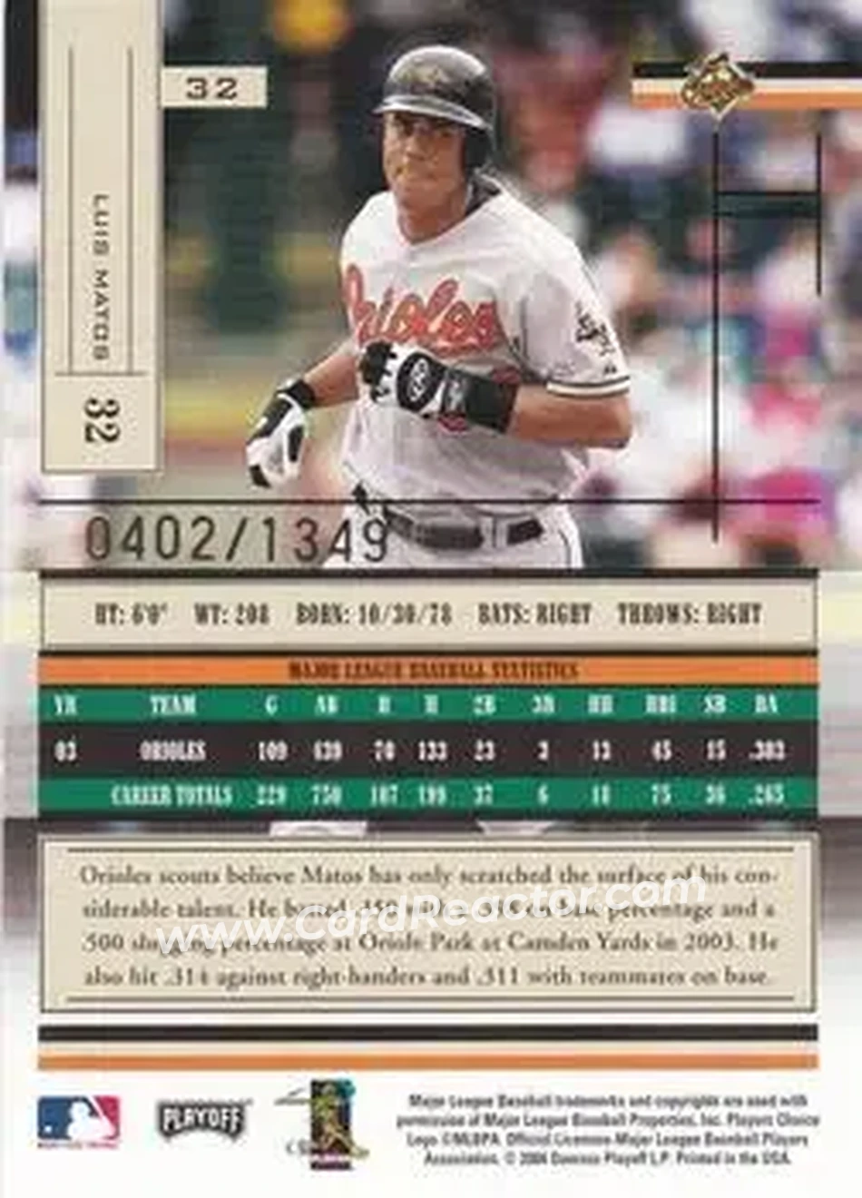 2004 Playoff Absolute Memorabilia #32 - Luis Matos - Baltimore Orioles - Back