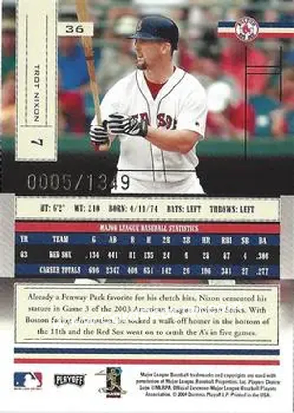 2004 Playoff Absolute Memorabilia #36 - Trot Nixon - Boston Red Sox - Back