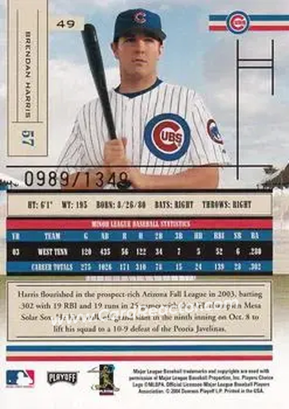 2004 Playoff Absolute Memorabilia #49 - Brendan Harris - Chicago Cubs - Back