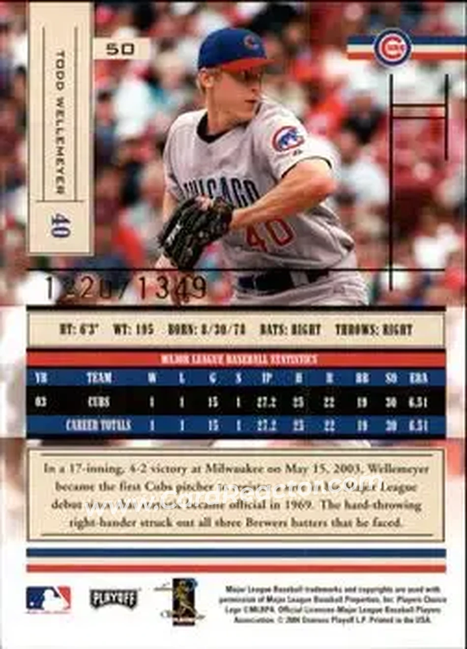 2004 Playoff Absolute Memorabilia #50 - Todd Wellemeyer - Chicago Cubs - Back