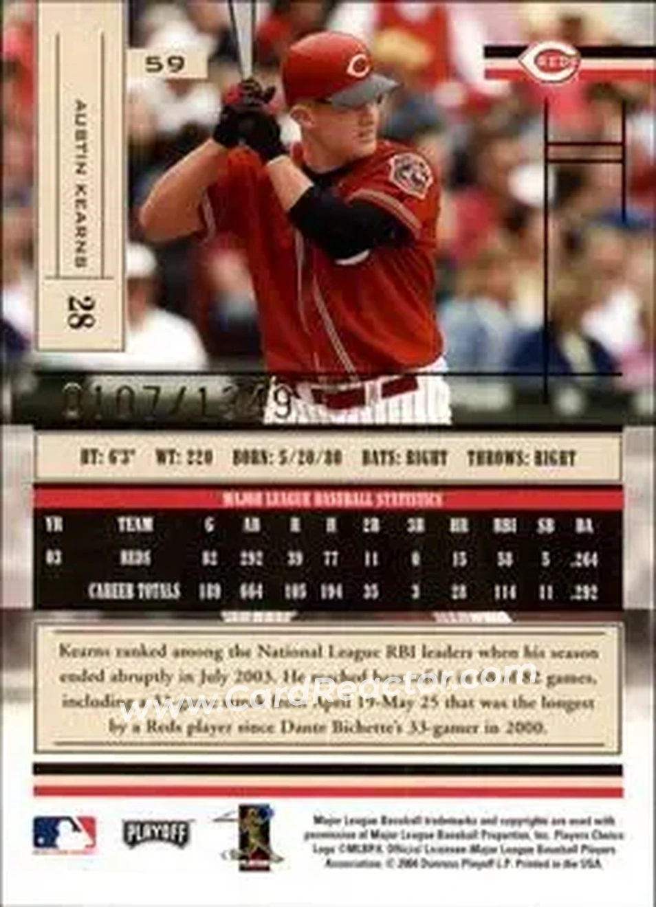2004 Playoff Absolute Memorabilia #59 - Austin Kearns - Cincinnati Reds - Back