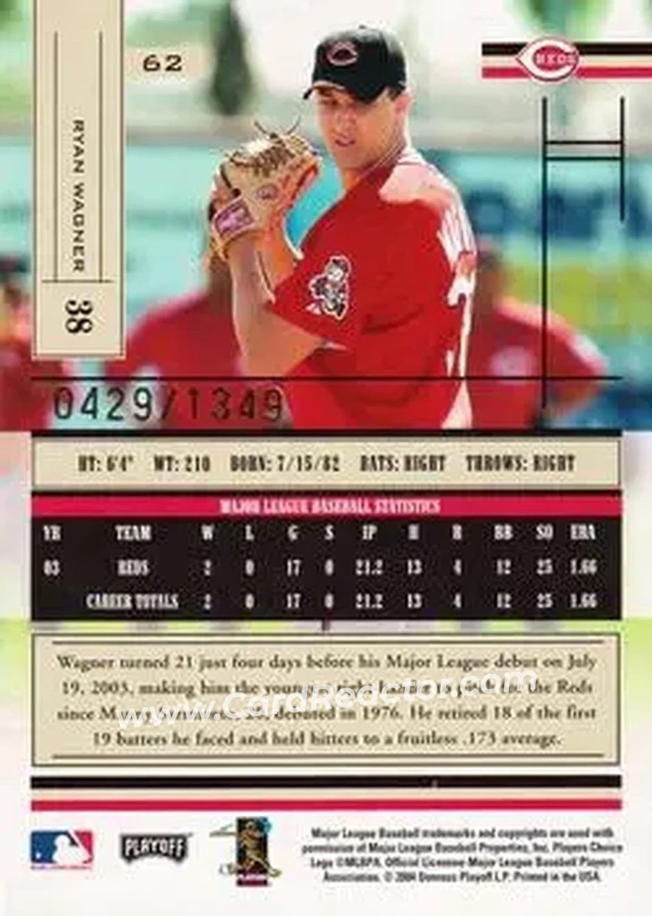 2004 Playoff Absolute Memorabilia #62 - Ryan Wagner - Cincinnati Reds - Back