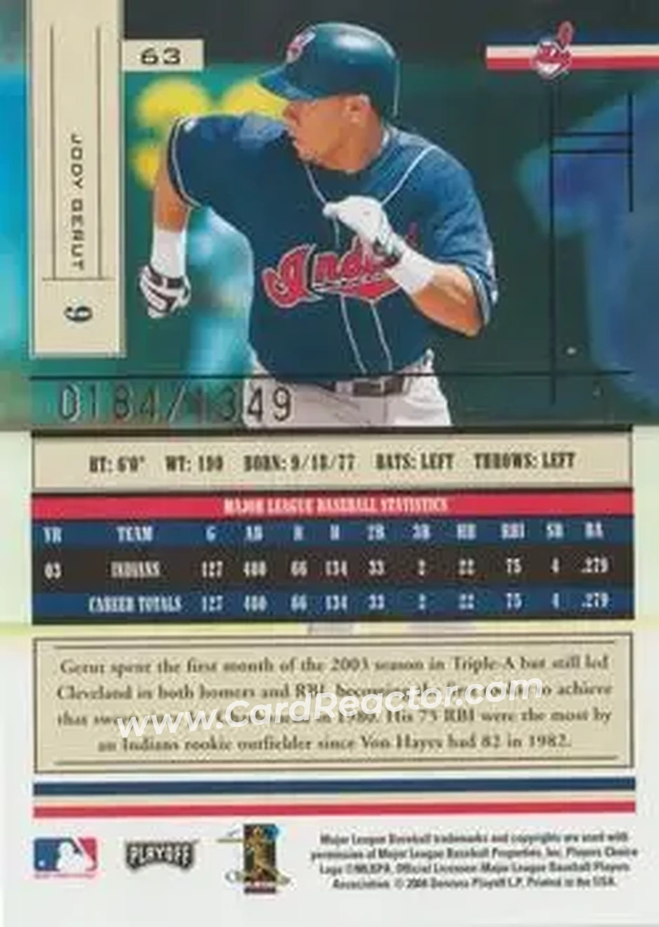 2004 Playoff Absolute Memorabilia #63 - Jody Gerut - Cleveland Indians - Back