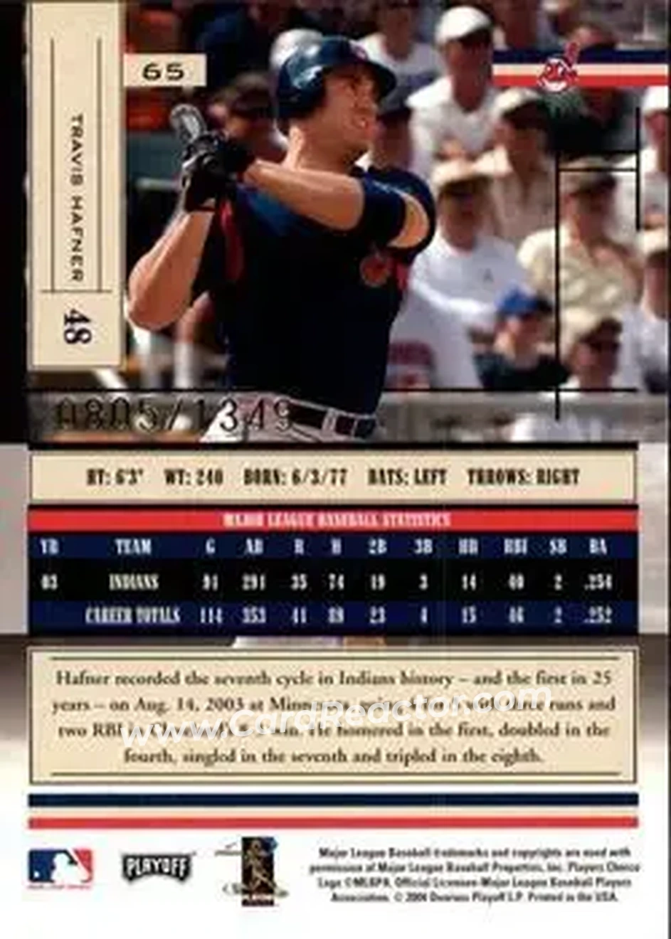 2004 Playoff Absolute Memorabilia #65 - Travis Hafner - Cleveland Indians - Back