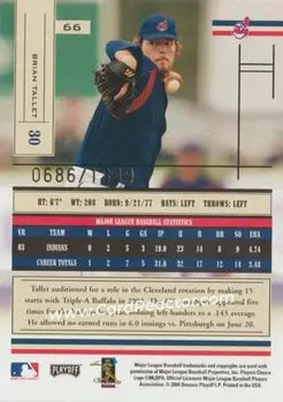 2004 Playoff Absolute Memorabilia #66 - Brian Tallet - Cleveland Indians - Back