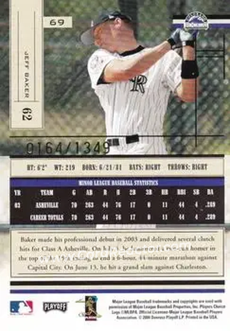 2004 Playoff Absolute Memorabilia #69 - Jeff Baker - Colorado Rockies - Back