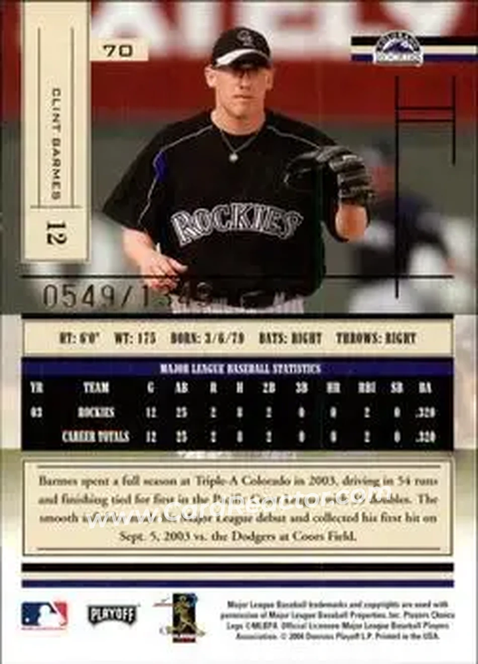 2004 Playoff Absolute Memorabilia #70 - Clint Barmes - Colorado Rockies - Back 2004 Playoff Absolute Memorabilia #70 - Clint Barmes - Colorado Rockies - Back