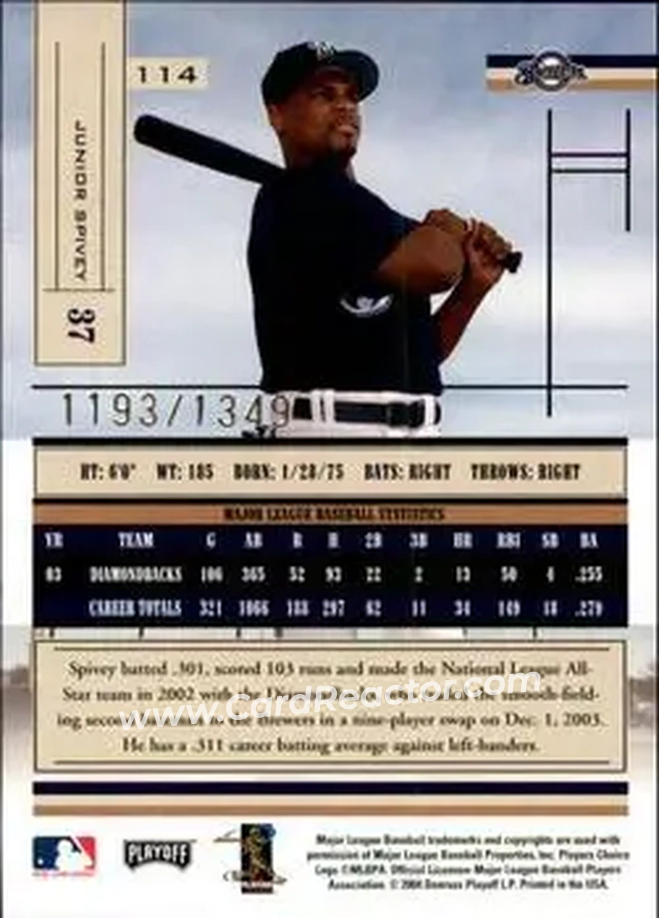 2004 Playoff Absolute Memorabilia #114 - Junior Spivey - Milwaukee Brewers - Back 2004 Playoff Absolute Memorabilia #114 - Junior Spivey - Milwaukee Brewers - Back