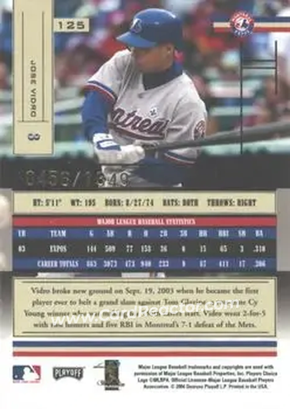 2004 Playoff Absolute Memorabilia #125 - Jose Vidro - Montreal Expos - Back
