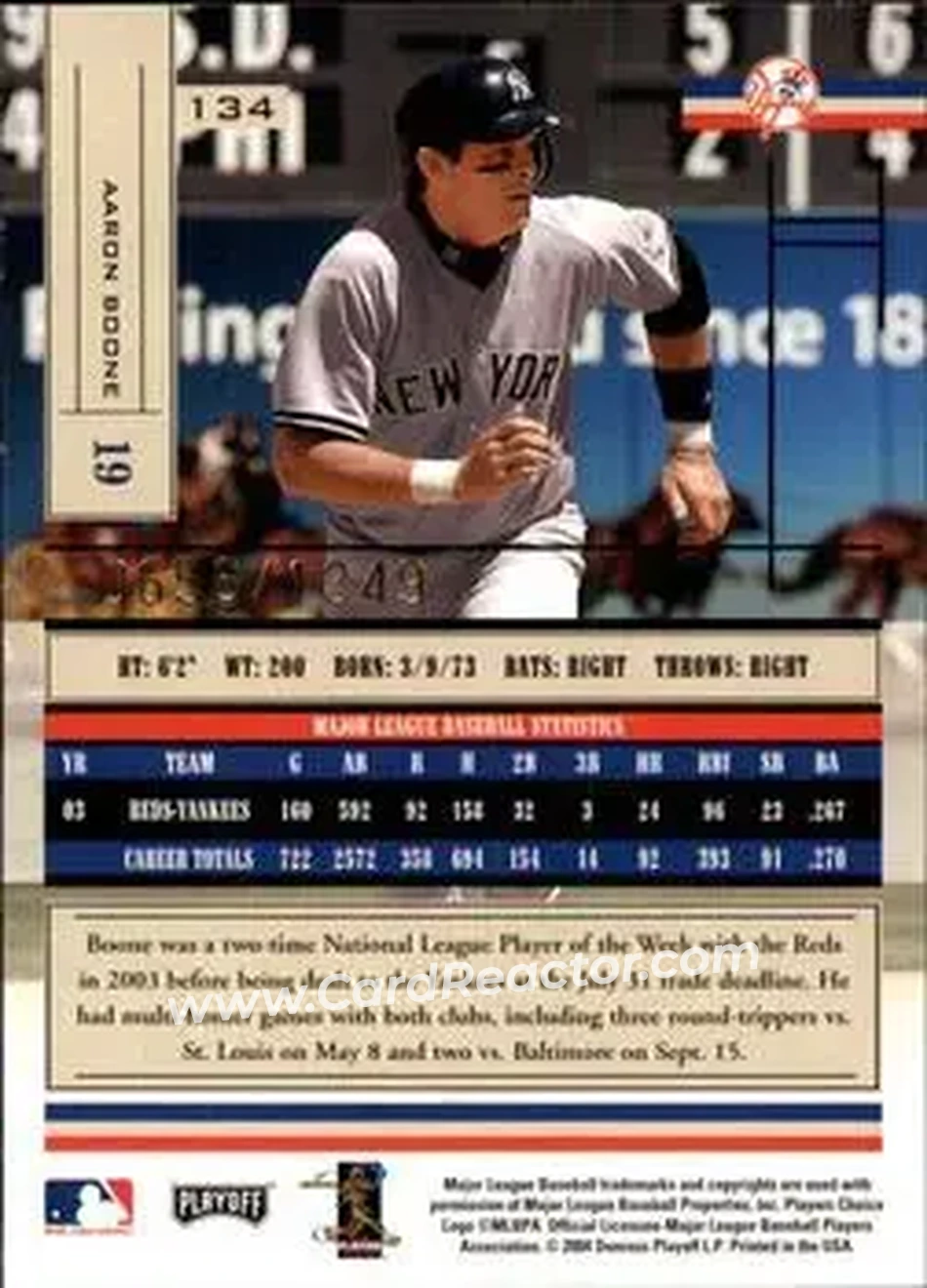 2004 Playoff Absolute Memorabilia #134 - Aaron Boone - New York Yankees - Back 2004 Playoff Absolute Memorabilia #134 - Aaron Boone - New York Yankees - Back