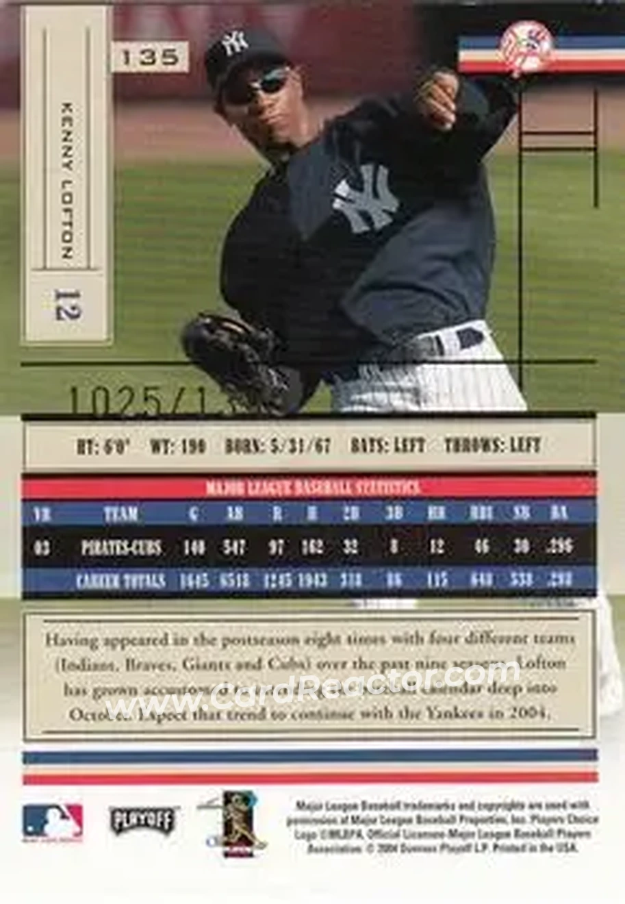 2004 Playoff Absolute Memorabilia #135 - Kenny Lofton - New York Yankees - Back