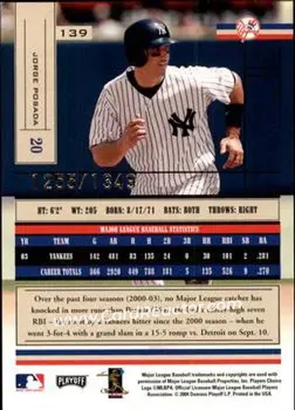 2004 Playoff Absolute Memorabilia #139 - Jorge Posada - New York Yankees - Back 2004 Playoff Absolute Memorabilia #139 - Jorge Posada - New York Yankees - Back