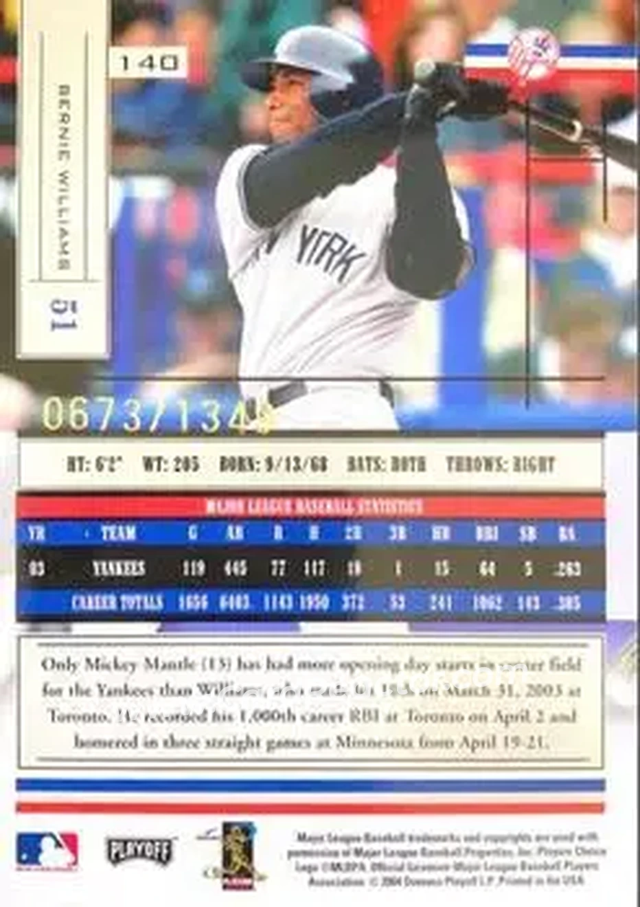 2004 Playoff Absolute Memorabilia #140 - Bernie Williams - New York Yankees - Back