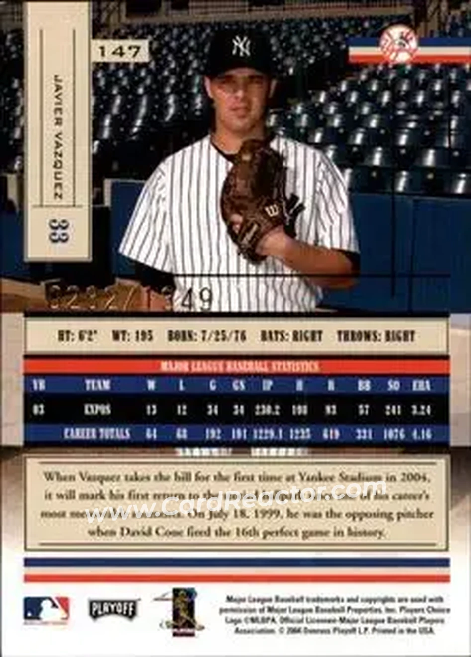 2004 Playoff Absolute Memorabilia #147 - Javier Vazquez - New York Yankees - Back 2004 Playoff Absolute Memorabilia #147 - Javier Vazquez - New York Yankees - Back