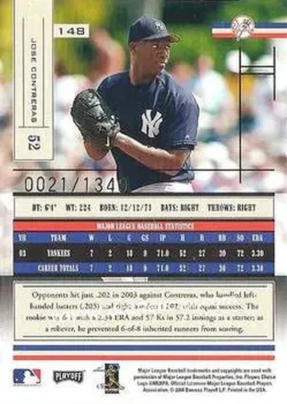 2004 Playoff Absolute Memorabilia #148 - Jose Contreras - New York Yankees - Back