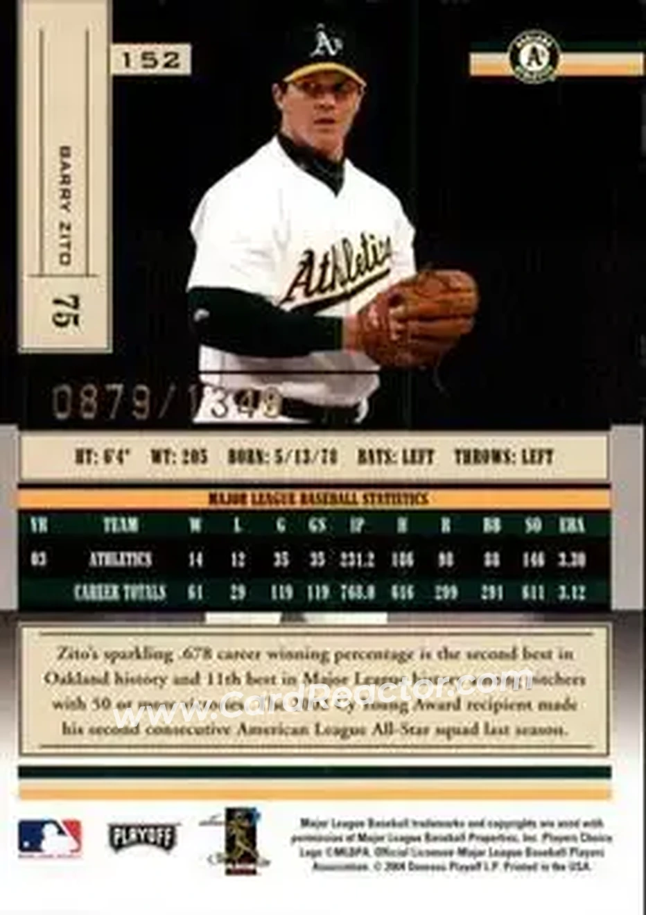 2004 Playoff Absolute Memorabilia #152 - Barry Zito - Oakland Athletics - Back