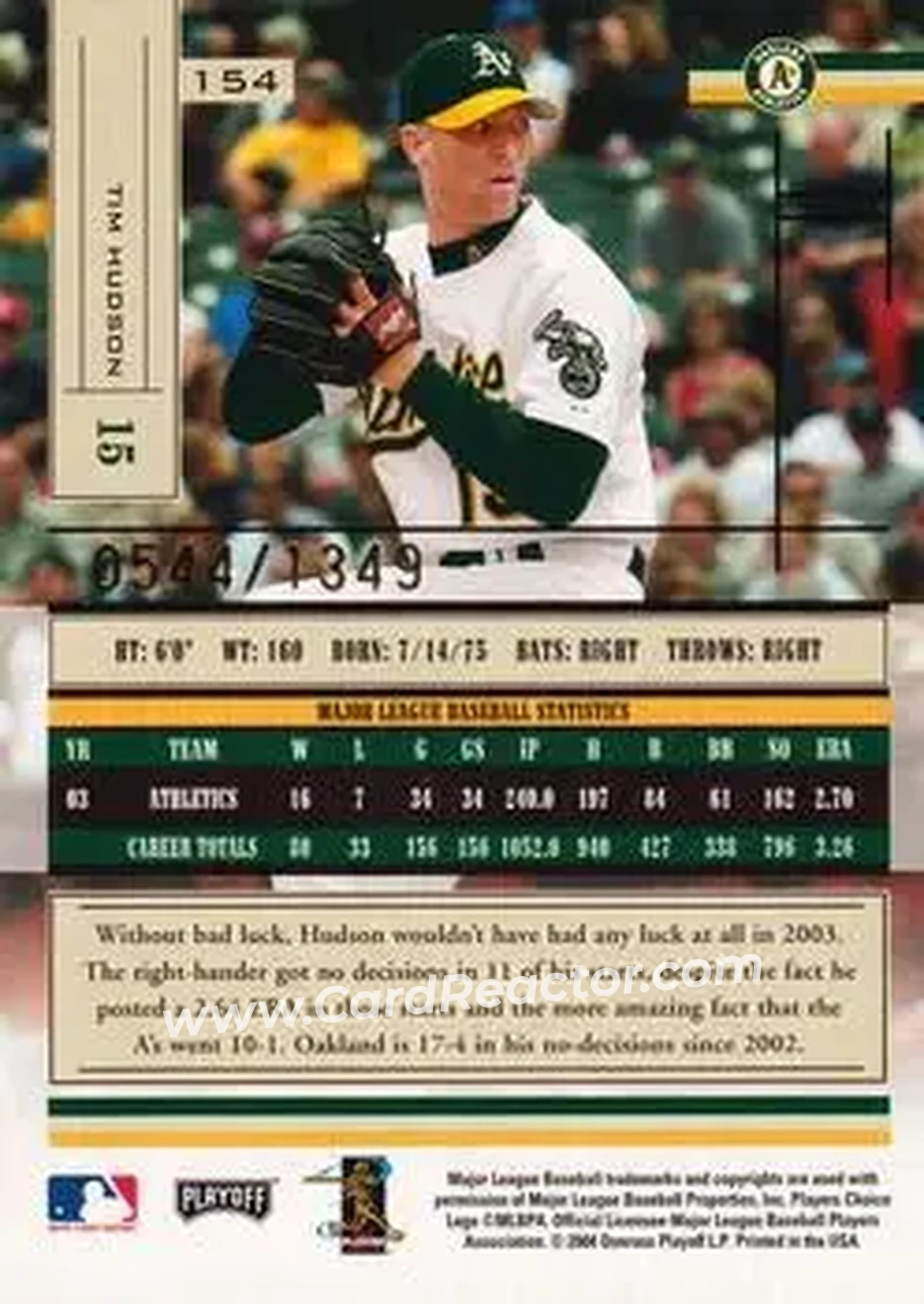 2004 Playoff Absolute Memorabilia #154 - Tim Hudson - Oakland Athletics - Back