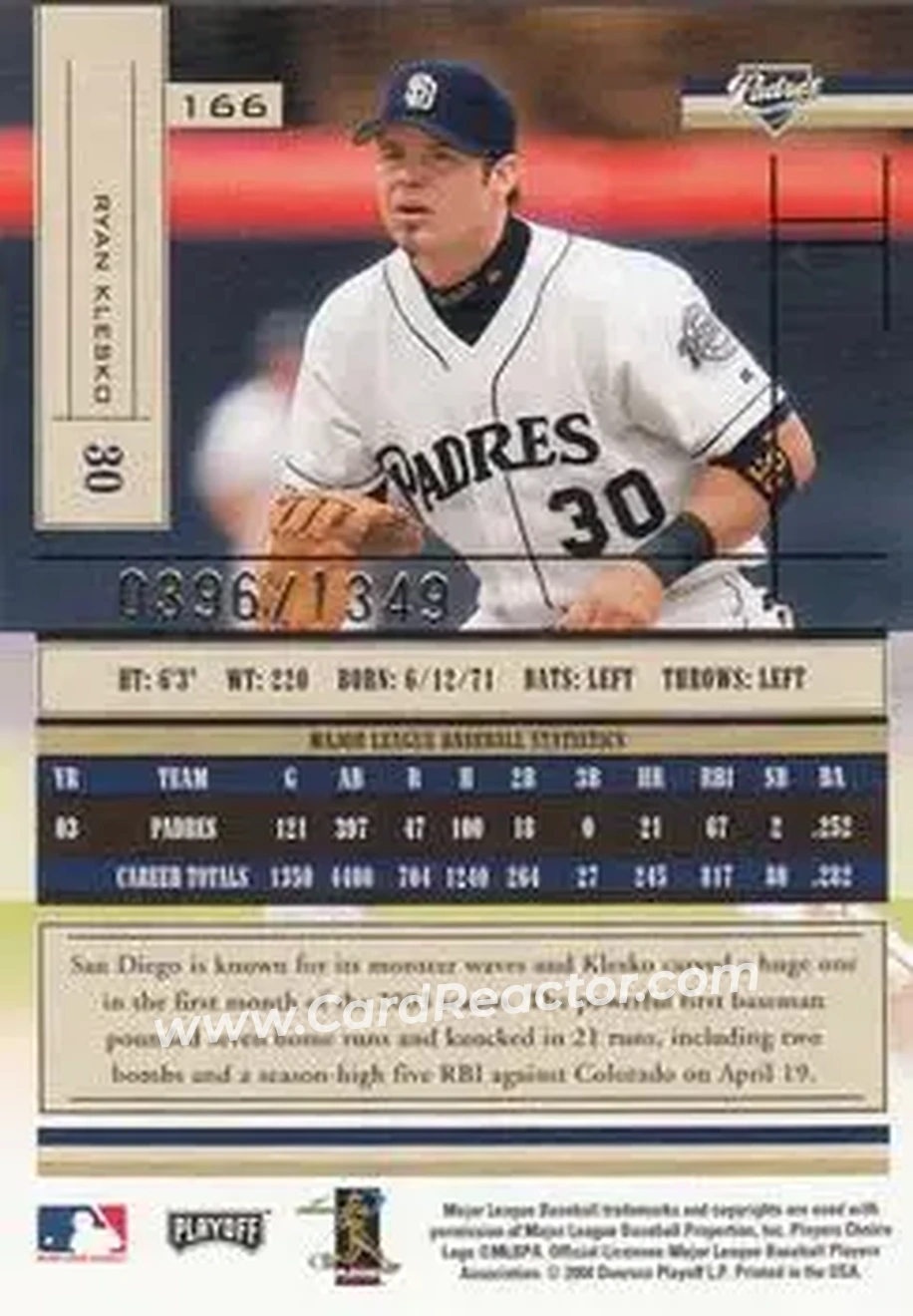 2004 Playoff Absolute Memorabilia #166 - Ryan Klesko - San Diego Padres - Back