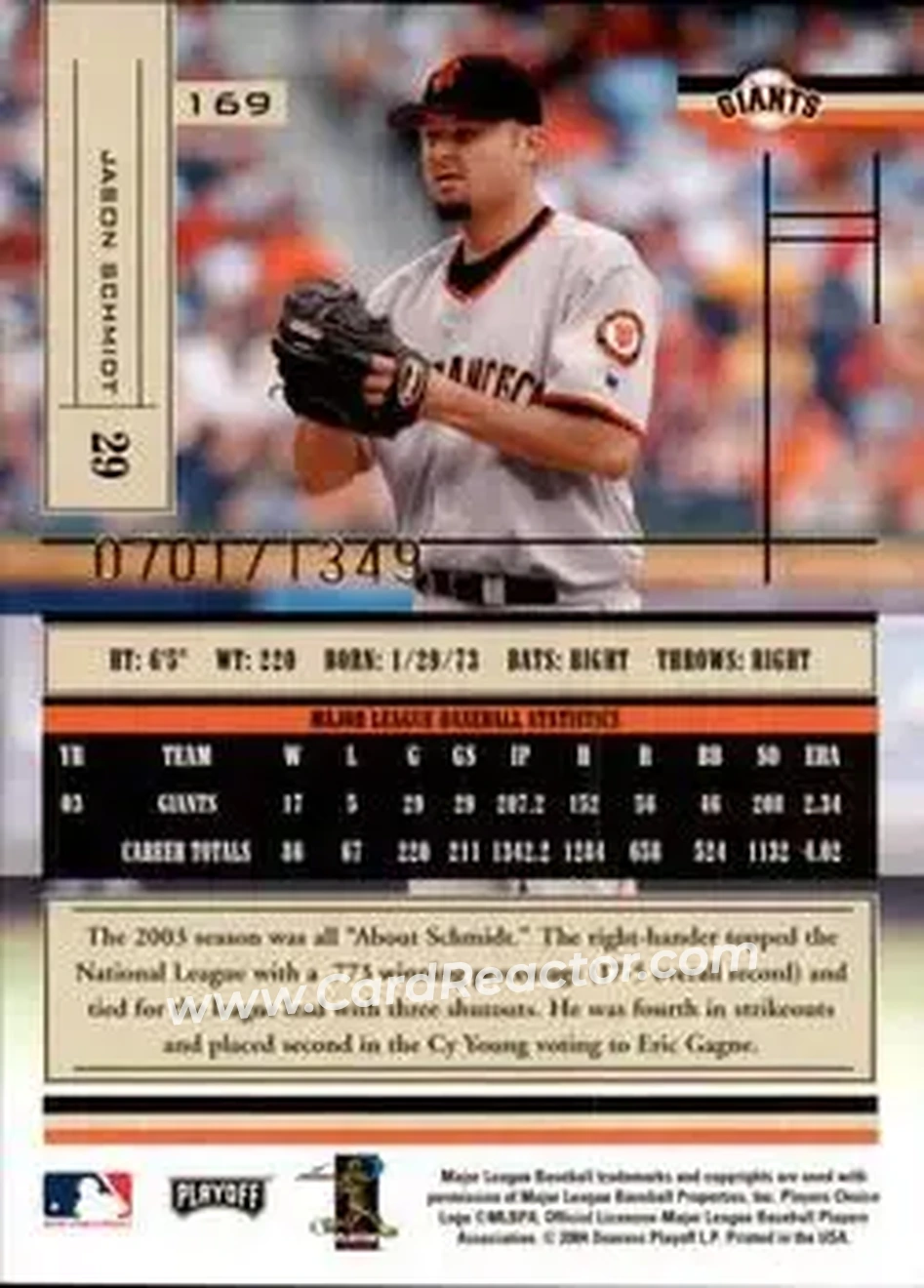2004 Playoff Absolute Memorabilia #169 - Jason Schmidt - San Francisco Giants - Back