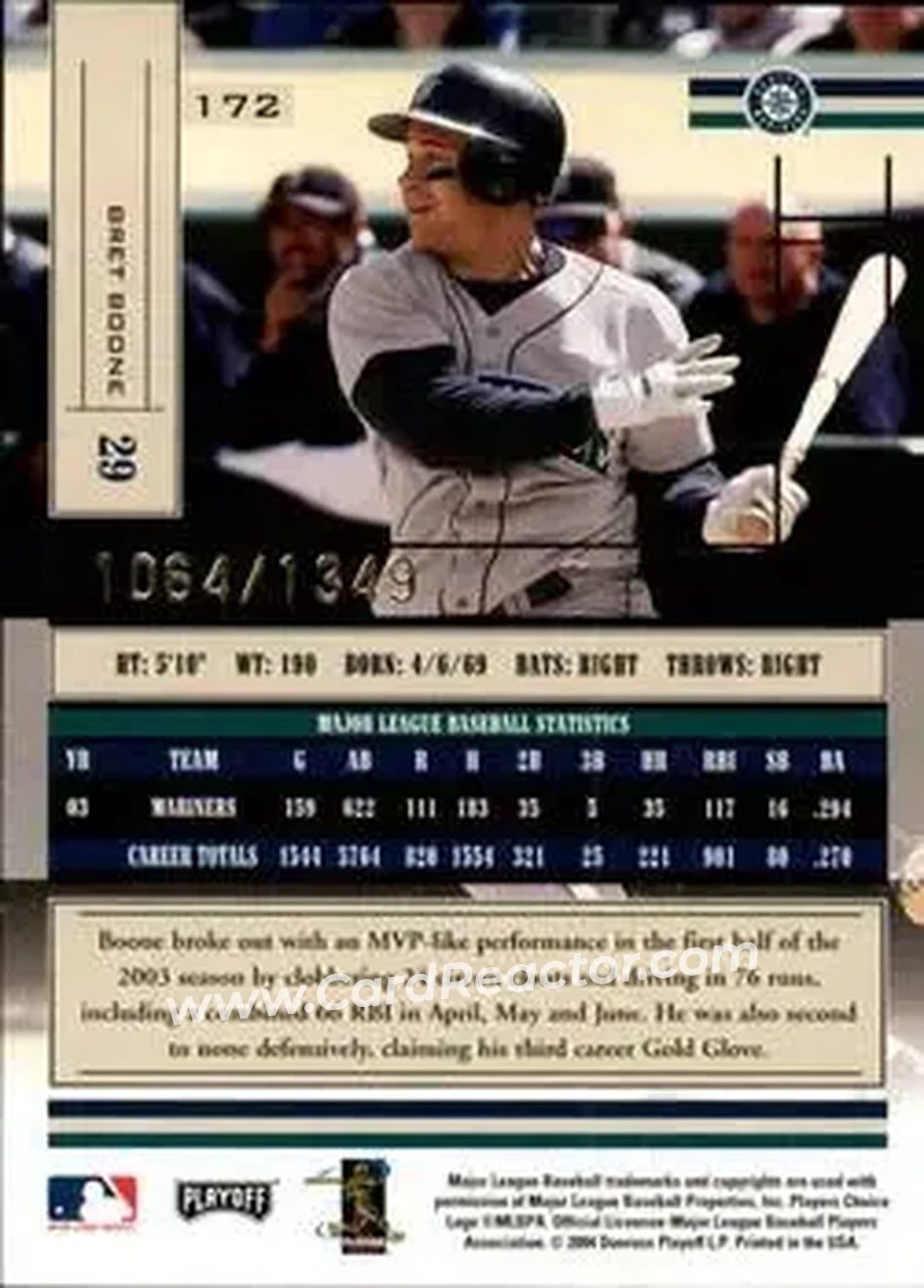 2004 Playoff Absolute Memorabilia #172 - Bret Boone - Seattle Mariners - Back