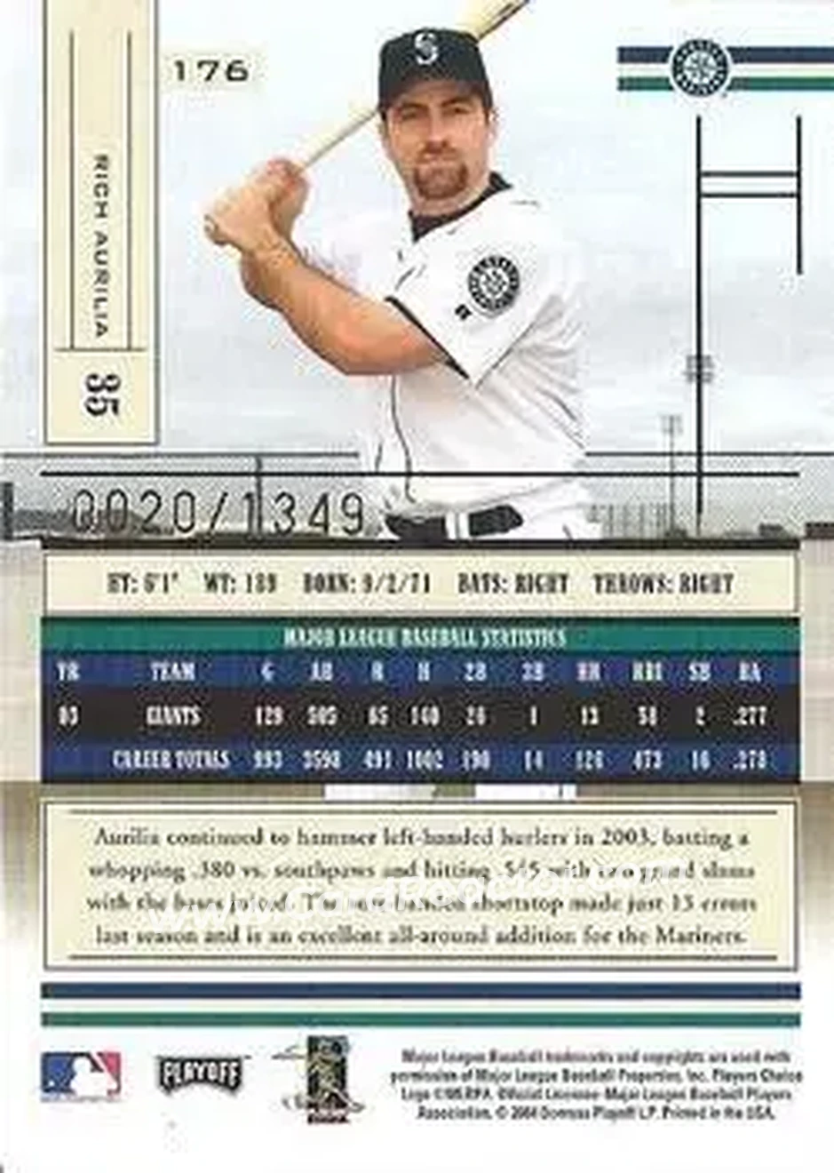 2004 Playoff Absolute Memorabilia #176 - Rich Aurilia - Seattle Mariners - Back