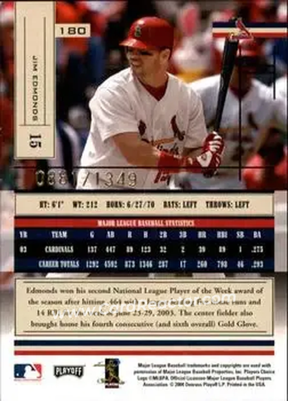 2004 Playoff Absolute Memorabilia #180 - Jim Edmonds - St. Louis Cardinals - Back