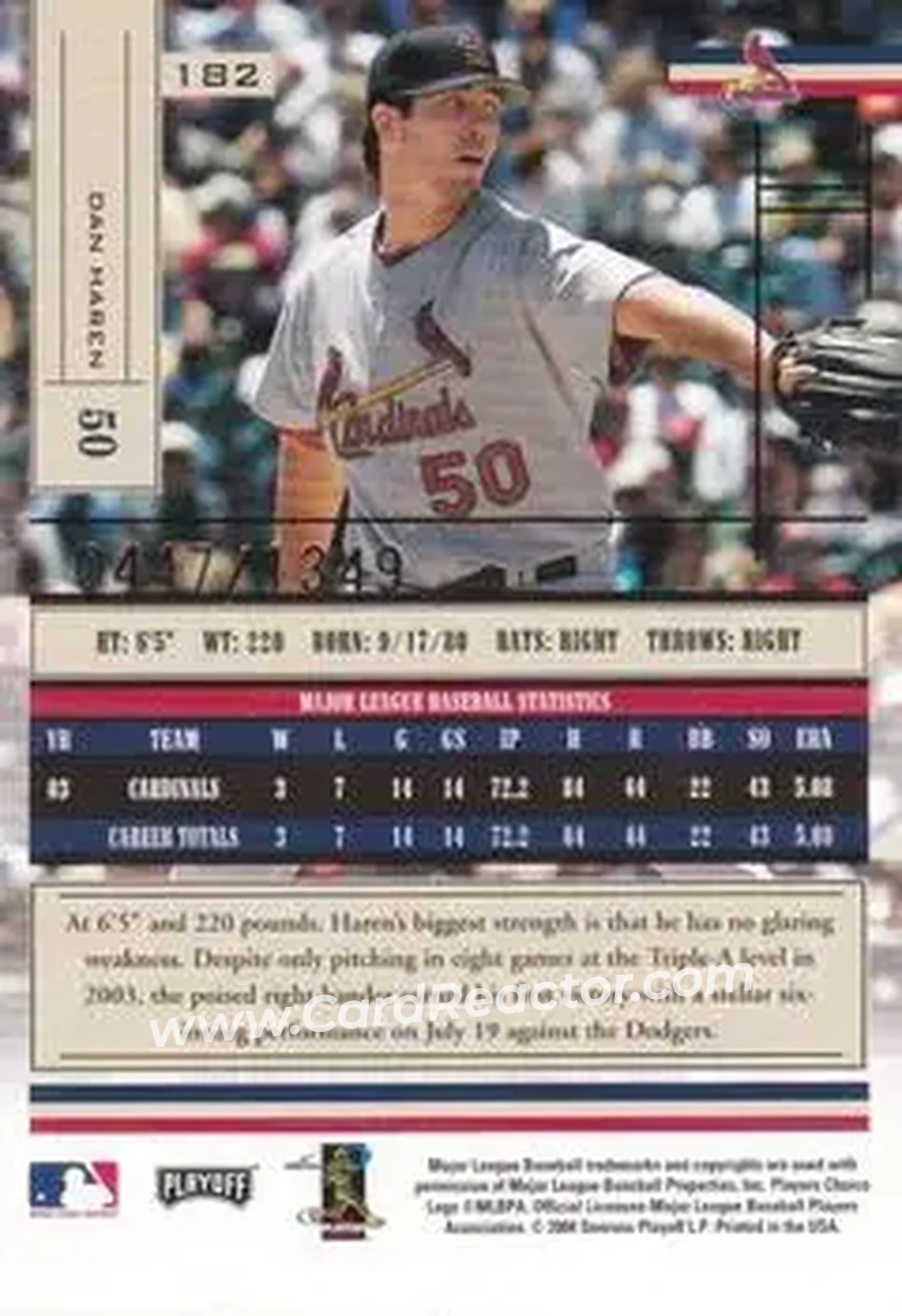 2004 Playoff Absolute Memorabilia #182 - Dan Haren - St. Louis Cardinals - Back