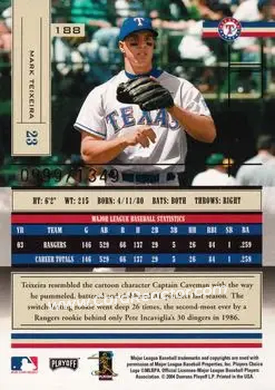 2004 Playoff Absolute Memorabilia #188 - Mark Teixeira - Texas Rangers - Back