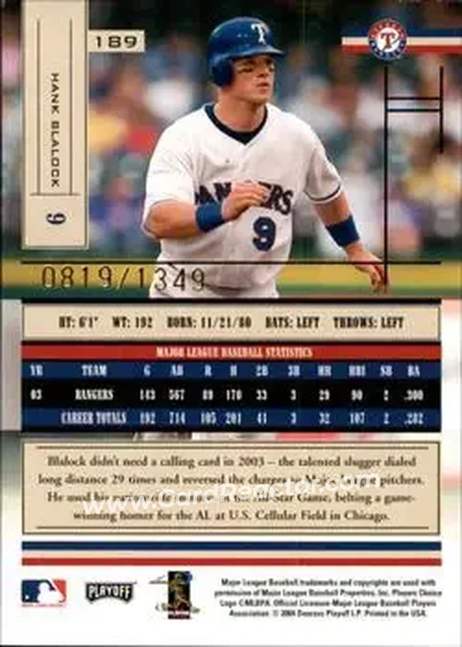 2004 Playoff Absolute Memorabilia #189 - Hank Blalock - Texas Rangers - Back
