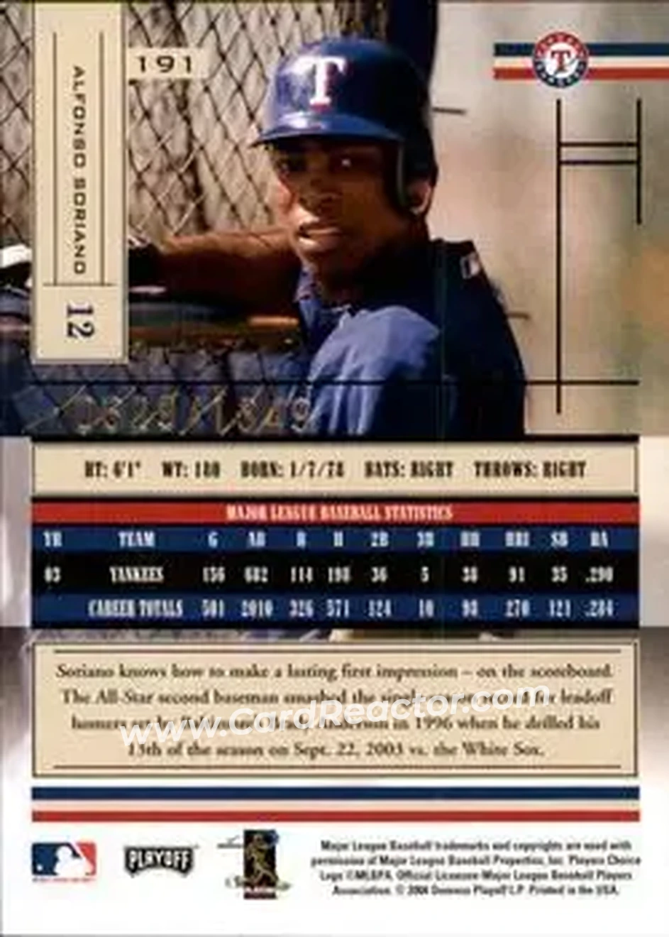 2004 Playoff Absolute Memorabilia #191 - Alfonso Soriano - Texas Rangers - Back