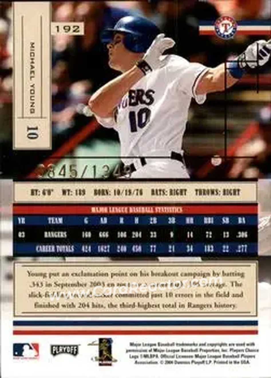 2004 Playoff Absolute Memorabilia #192 - Michael Young - Texas Rangers - Back