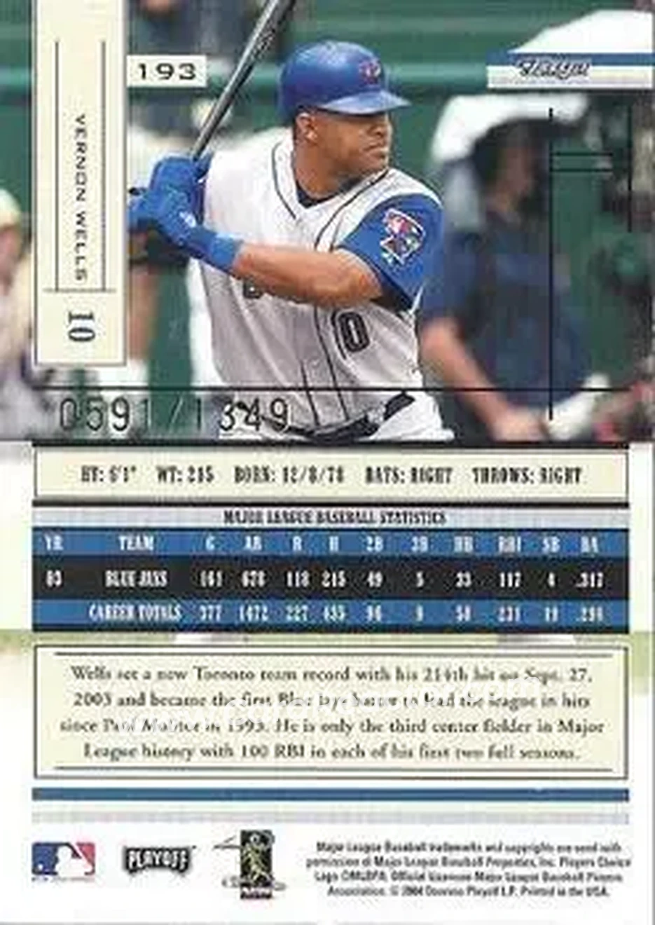 2004 Playoff Absolute Memorabilia #193 - Vernon Wells - Toronto Blue Jays - Back