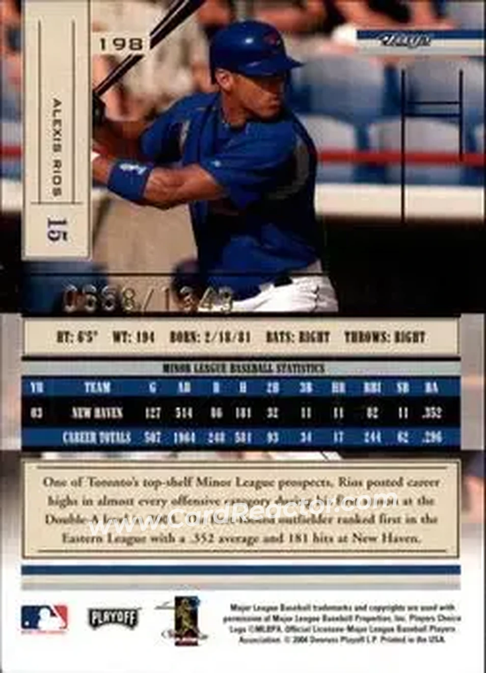 2004 Playoff Absolute Memorabilia #198 - Alex Rios - Toronto Blue Jays - Back