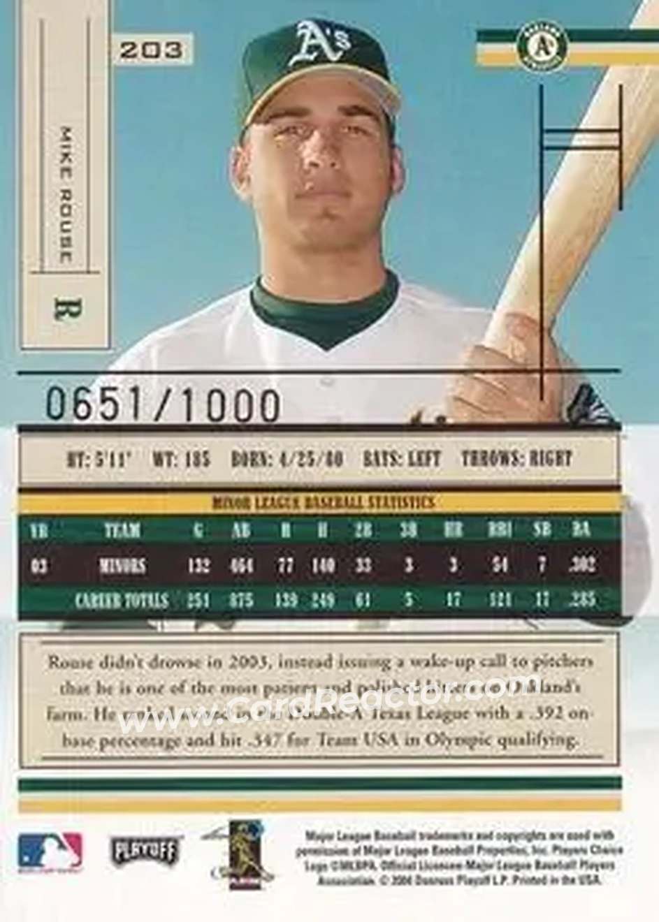 2004 Playoff Absolute Memorabilia #203 - Mike Rouse - Oakland Athletics - Back