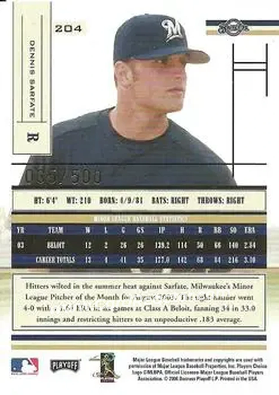 2004 Playoff Absolute Memorabilia #204 - Dennis Sarfate - Milwaukee Brewers - Back