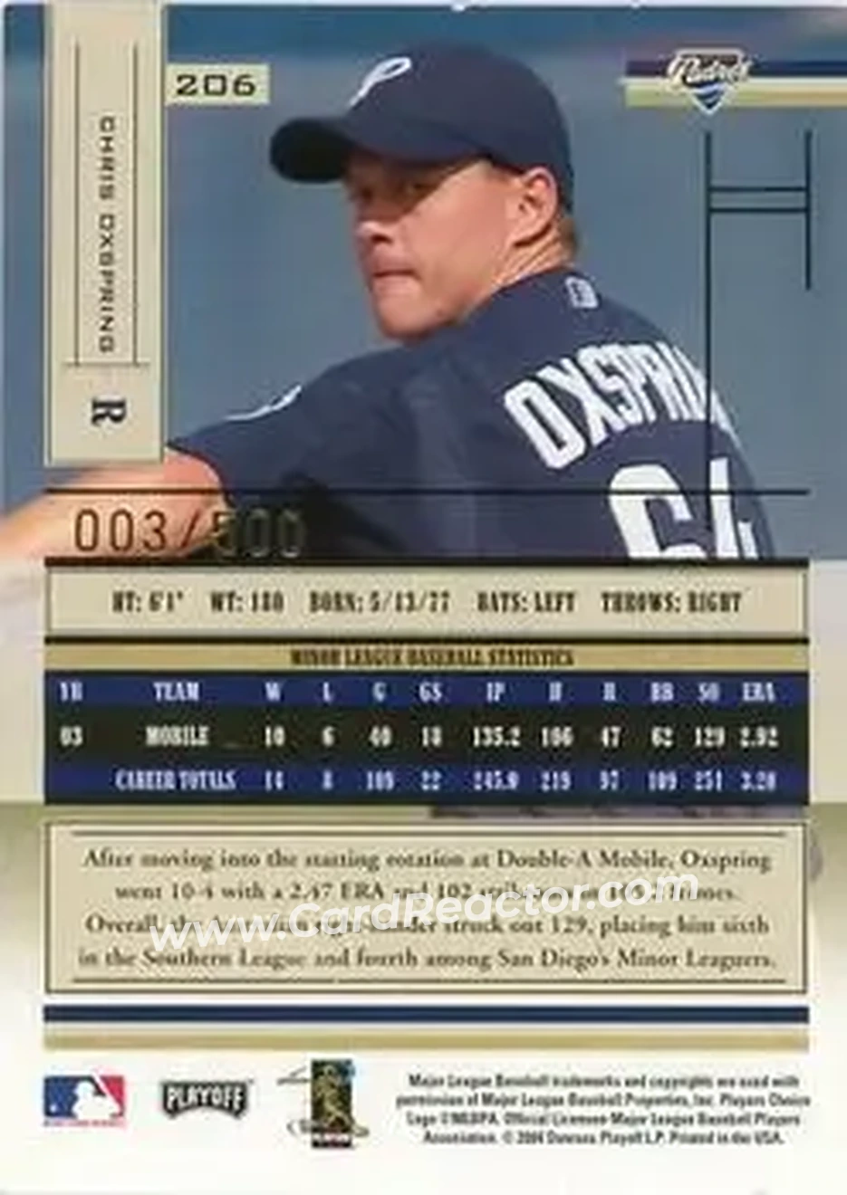 2004 Playoff Absolute Memorabilia #206 - Chris Oxspring - San Diego Padres - Back