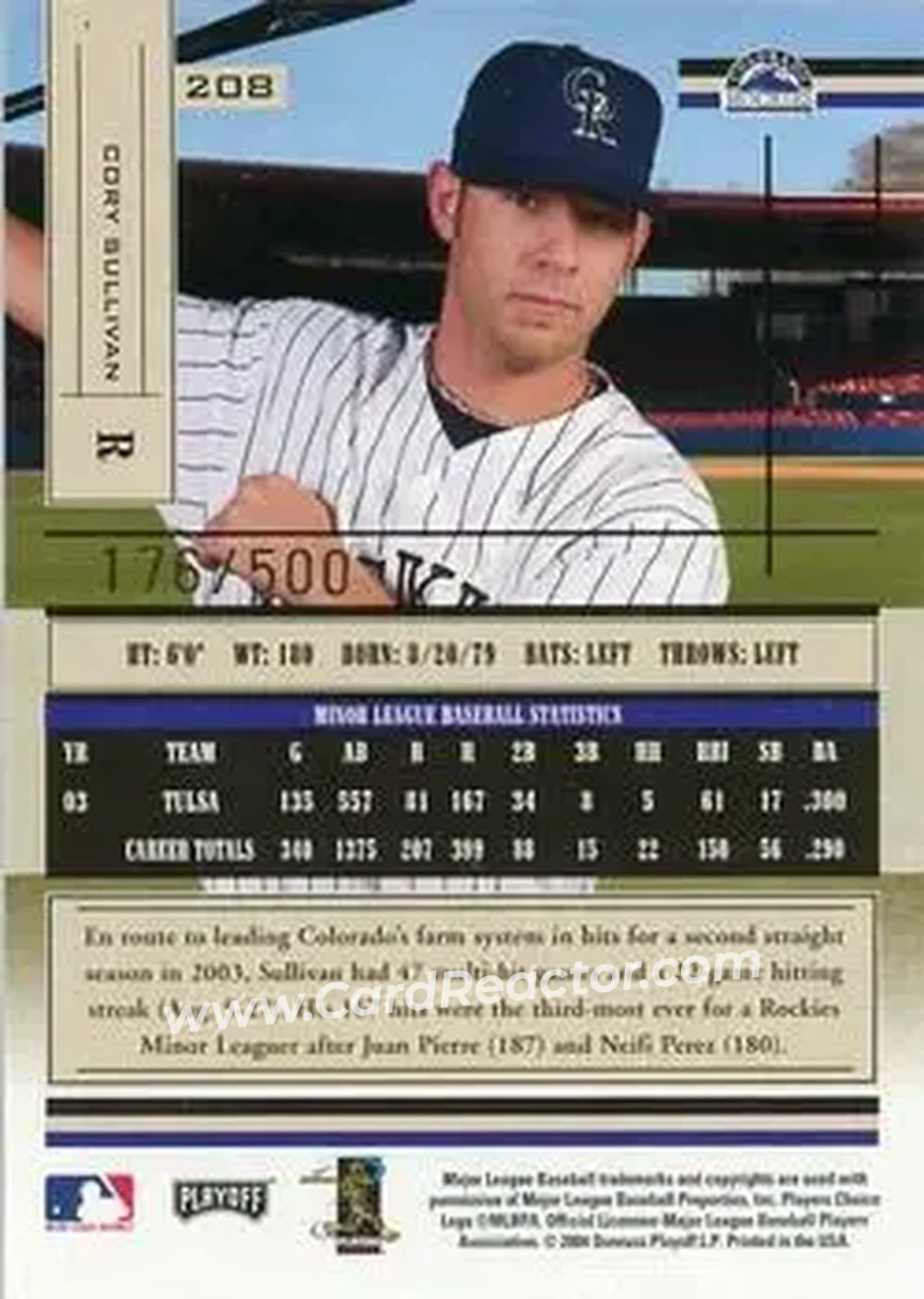 2004 Playoff Absolute Memorabilia #208 - Cory Sullivan - Colorado Rockies - Back 2004 Playoff Absolute Memorabilia #208 - Cory Sullivan - Colorado Rockies - Back