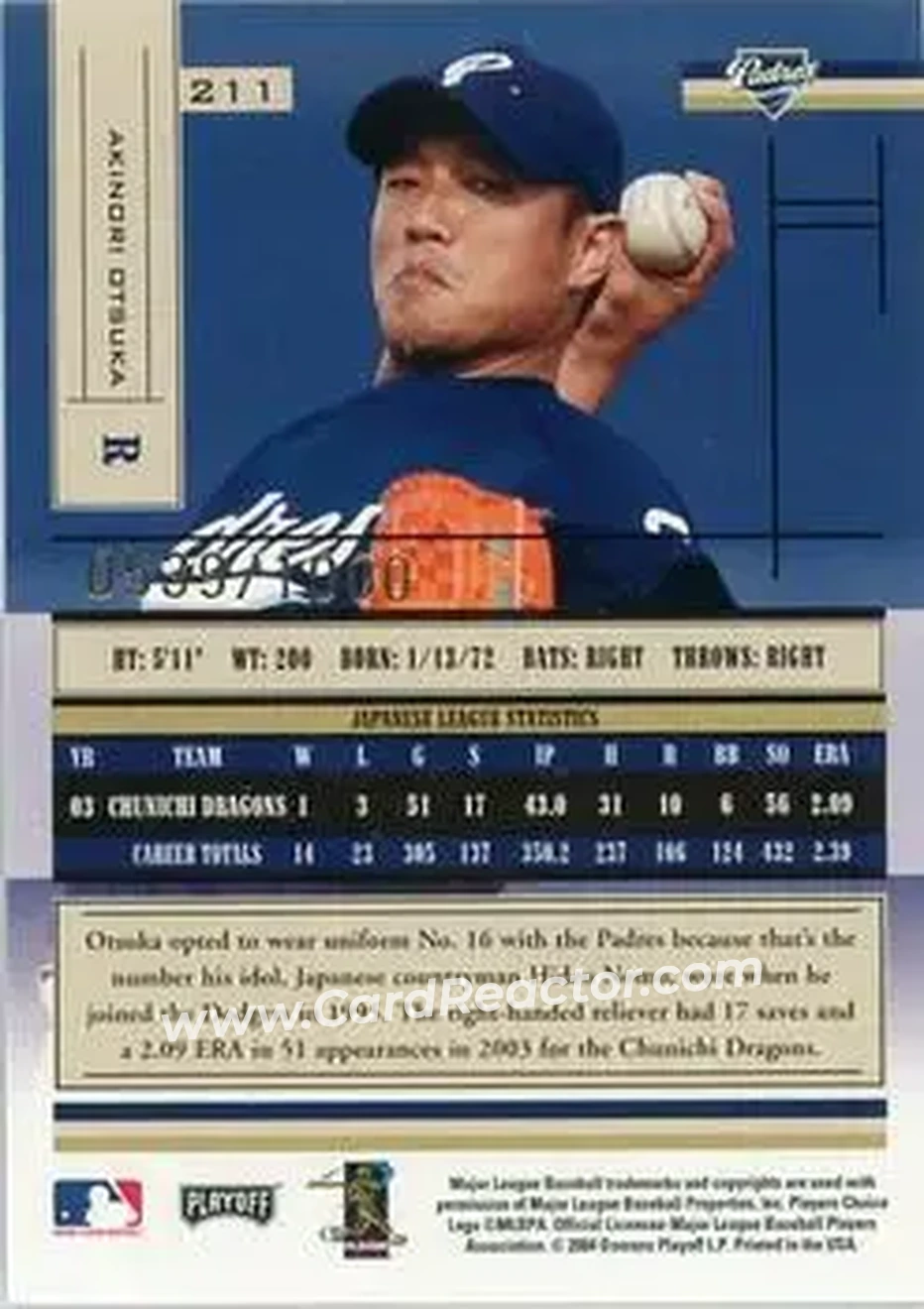 2004 Playoff Absolute Memorabilia #211 - Akinori Otsuka - San Diego Padres - Back
