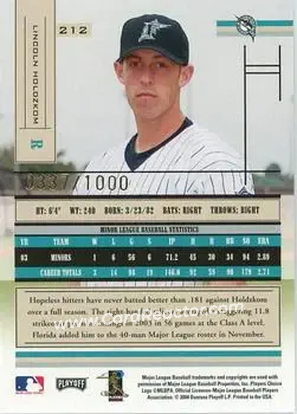 2004 Playoff Absolute Memorabilia #212 - Lincoln Holdzkom - Florida Marlins - Back