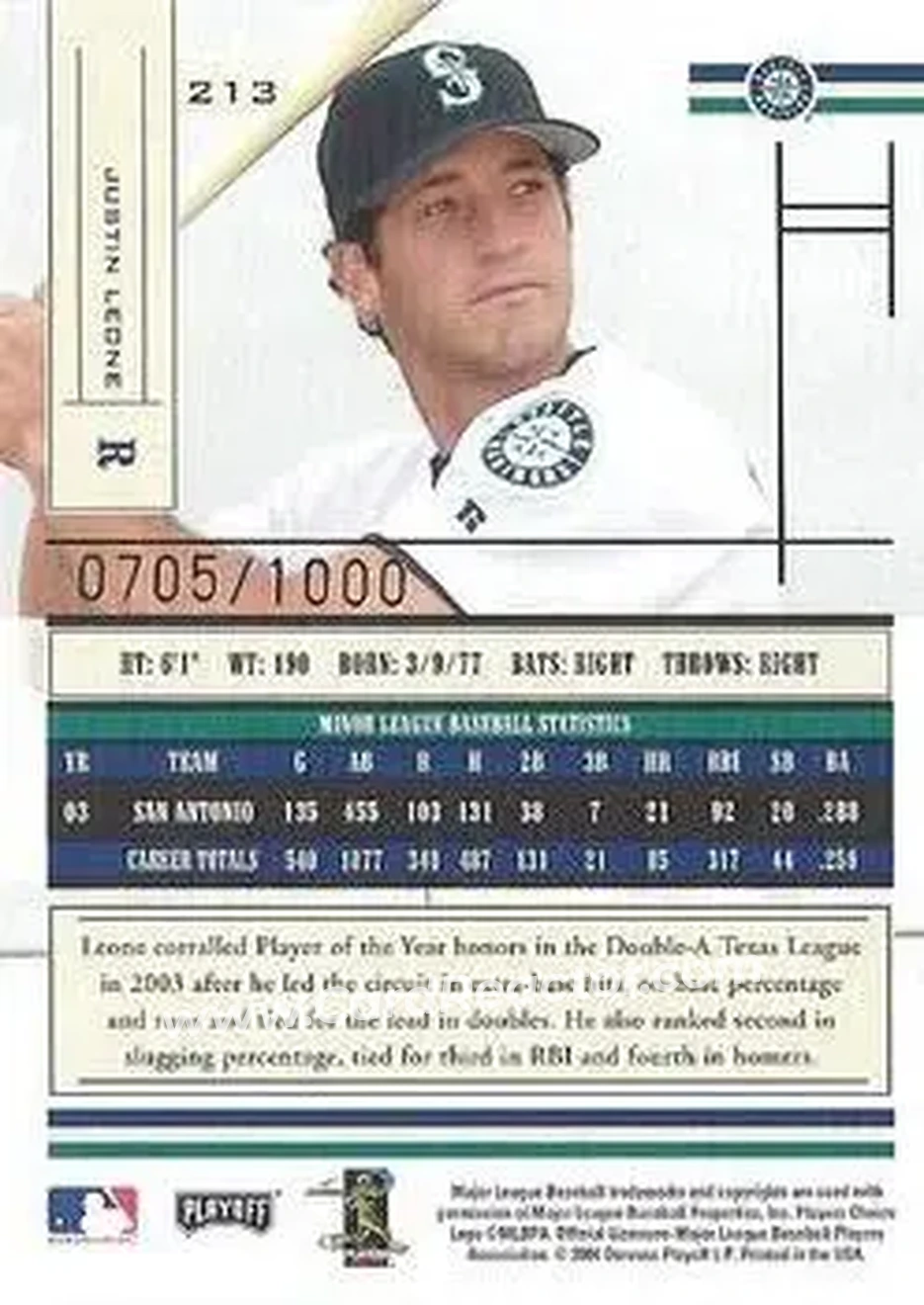 2004 Playoff Absolute Memorabilia #213 - Justin Leone - Seattle Mariners - Back