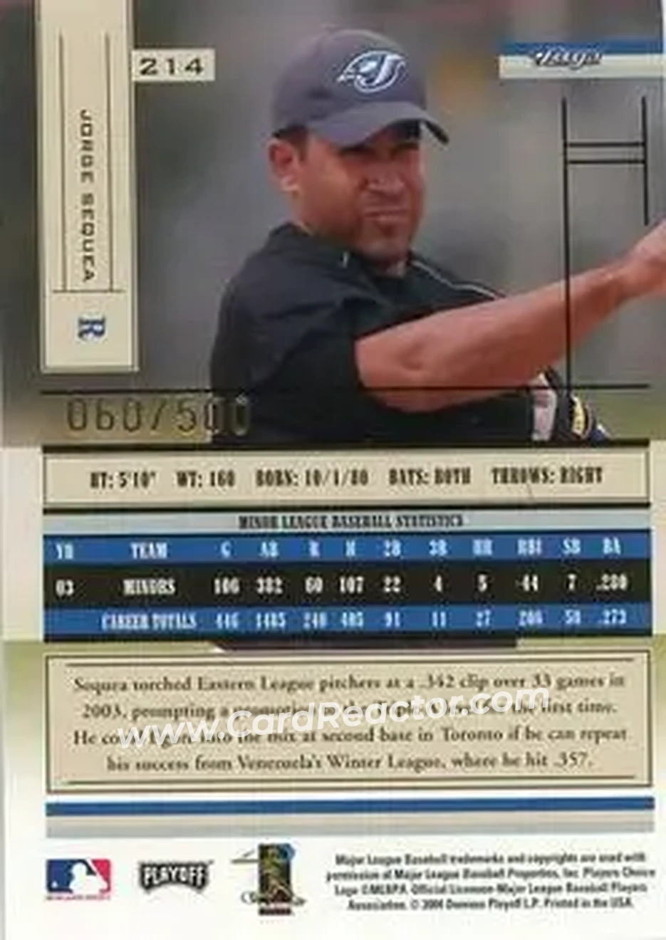 2004 Playoff Absolute Memorabilia #214 - Jorge Sequea - Toronto Blue Jays - Back 2004 Playoff Absolute Memorabilia #214 - Jorge Sequea - Toronto Blue Jays - Back