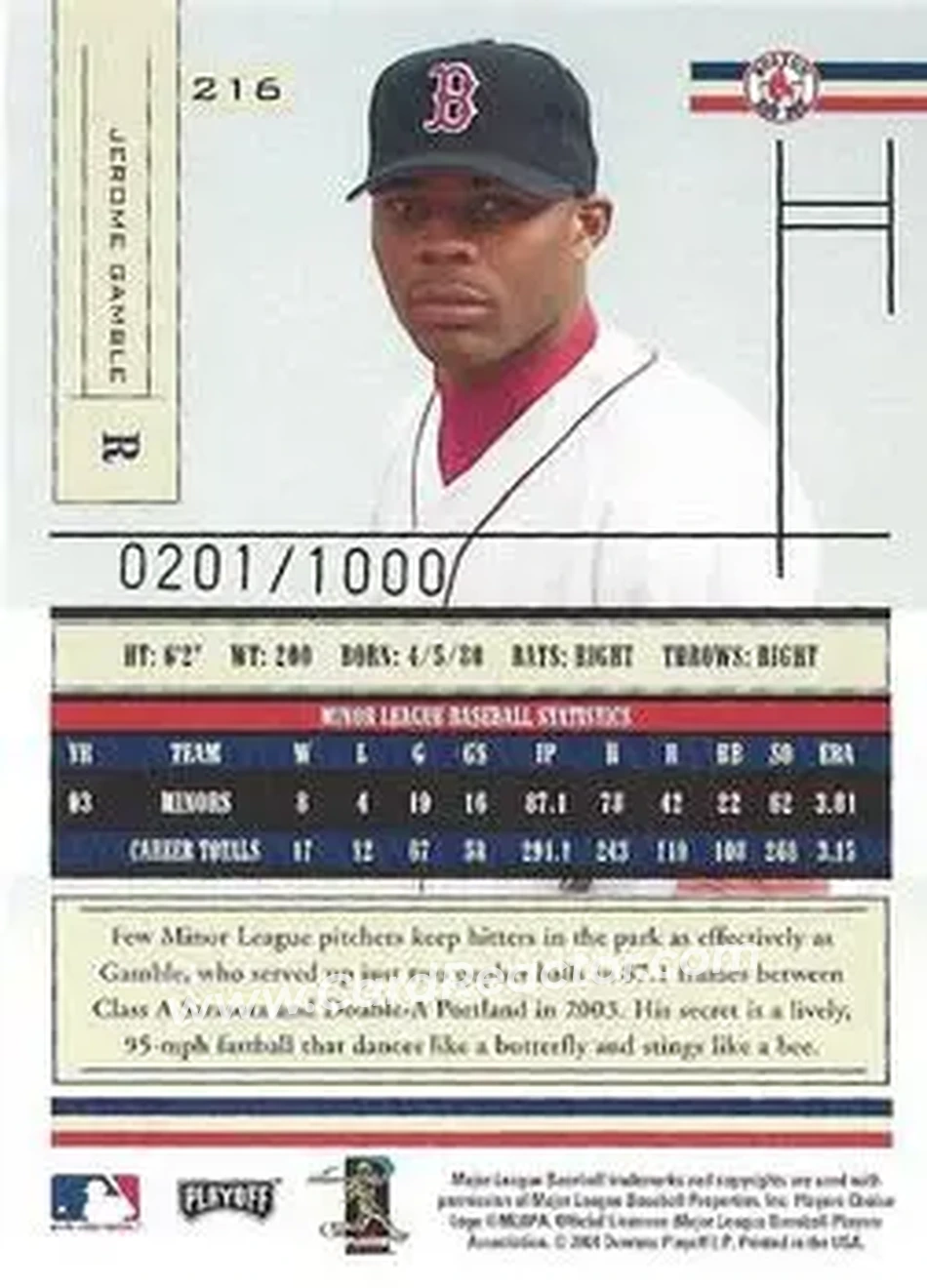 2004 Playoff Absolute Memorabilia #216 - Jerome Gamble - Boston Red Sox - Back
