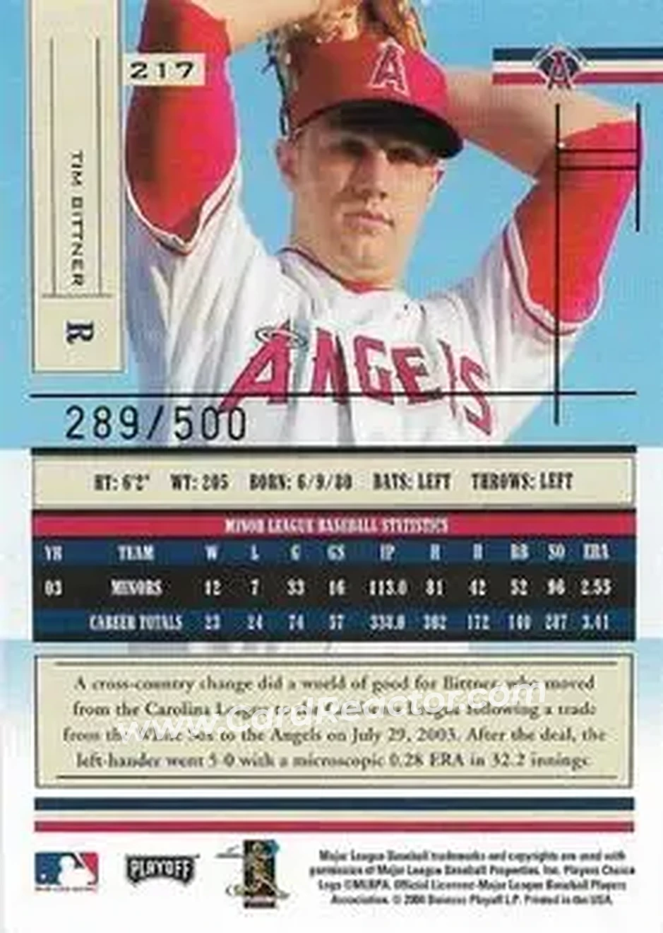 2004 Playoff Absolute Memorabilia #217 - Tim Bittner - Anaheim Angels - Back 2004 Playoff Absolute Memorabilia #217 - Tim Bittner - Anaheim Angels - Back