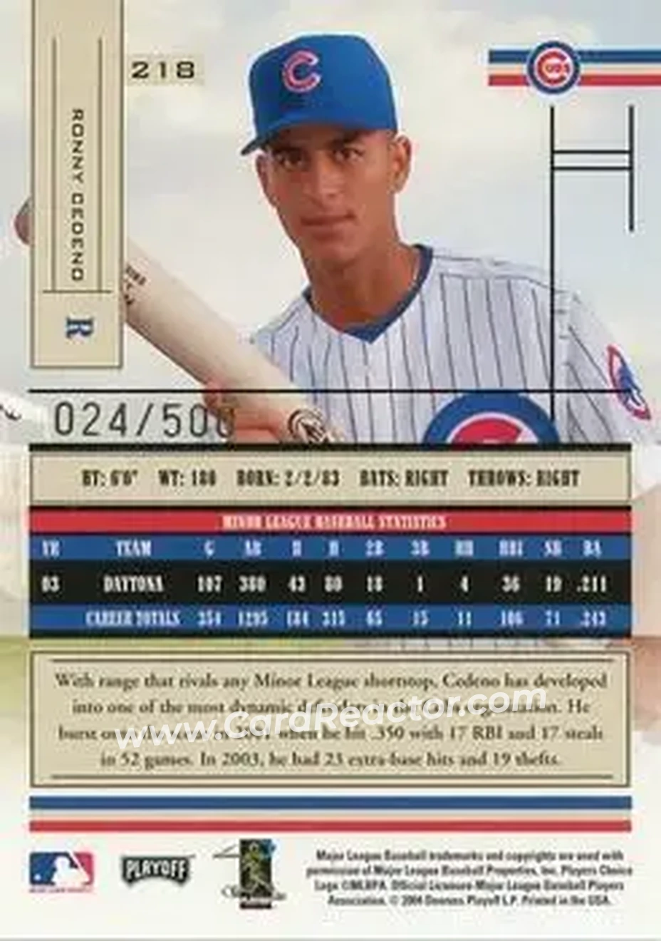 2004 Playoff Absolute Memorabilia #218 - Ronny Cedeno - Chicago Cubs - Back