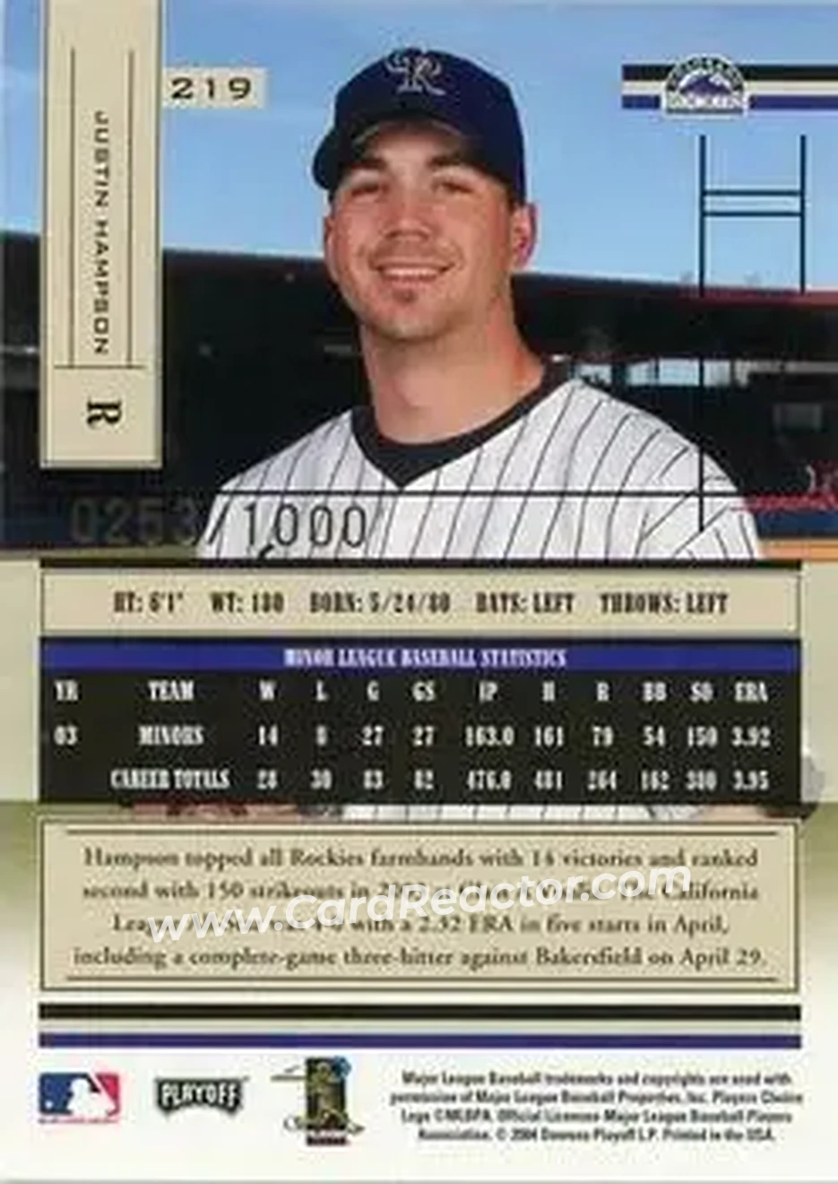 2004 Playoff Absolute Memorabilia #219 - Justin Hampson - Colorado Rockies - Back