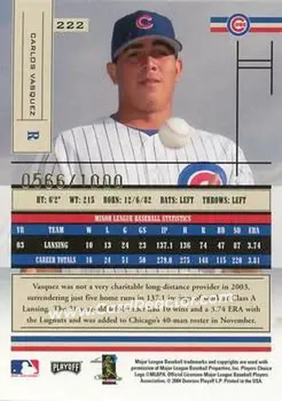 2004 Playoff Absolute Memorabilia #222 - Carlos Vasquez - Chicago Cubs - Back
