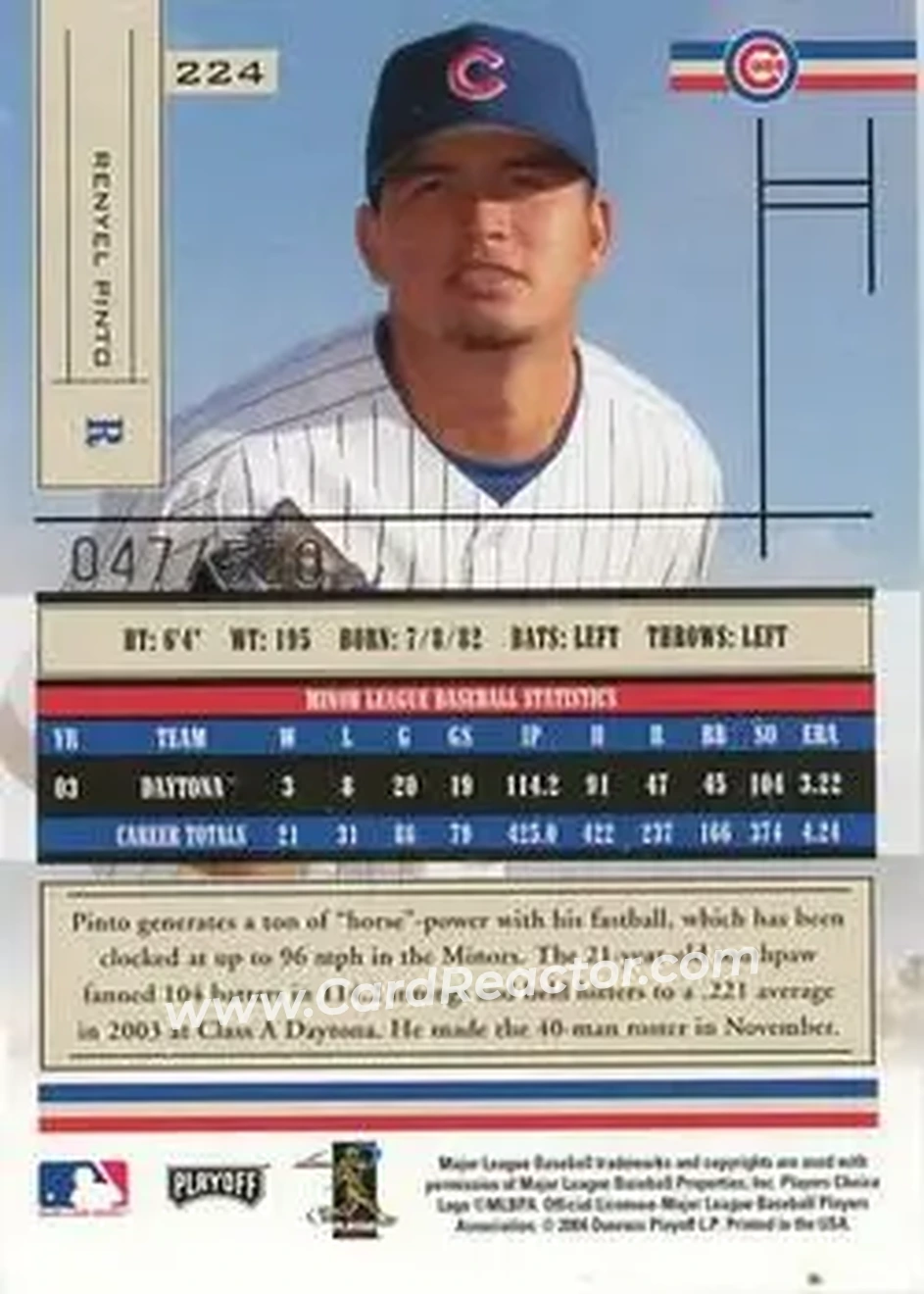 2004 Playoff Absolute Memorabilia #224 - Renyel Pinto - Chicago Cubs - Back