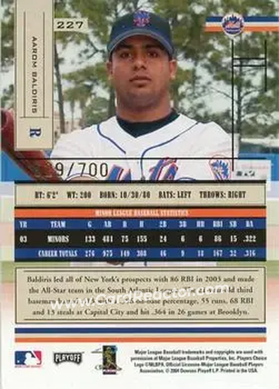 2004 Playoff Absolute Memorabilia #227 - Aarom Baldiris - New York Mets - Back