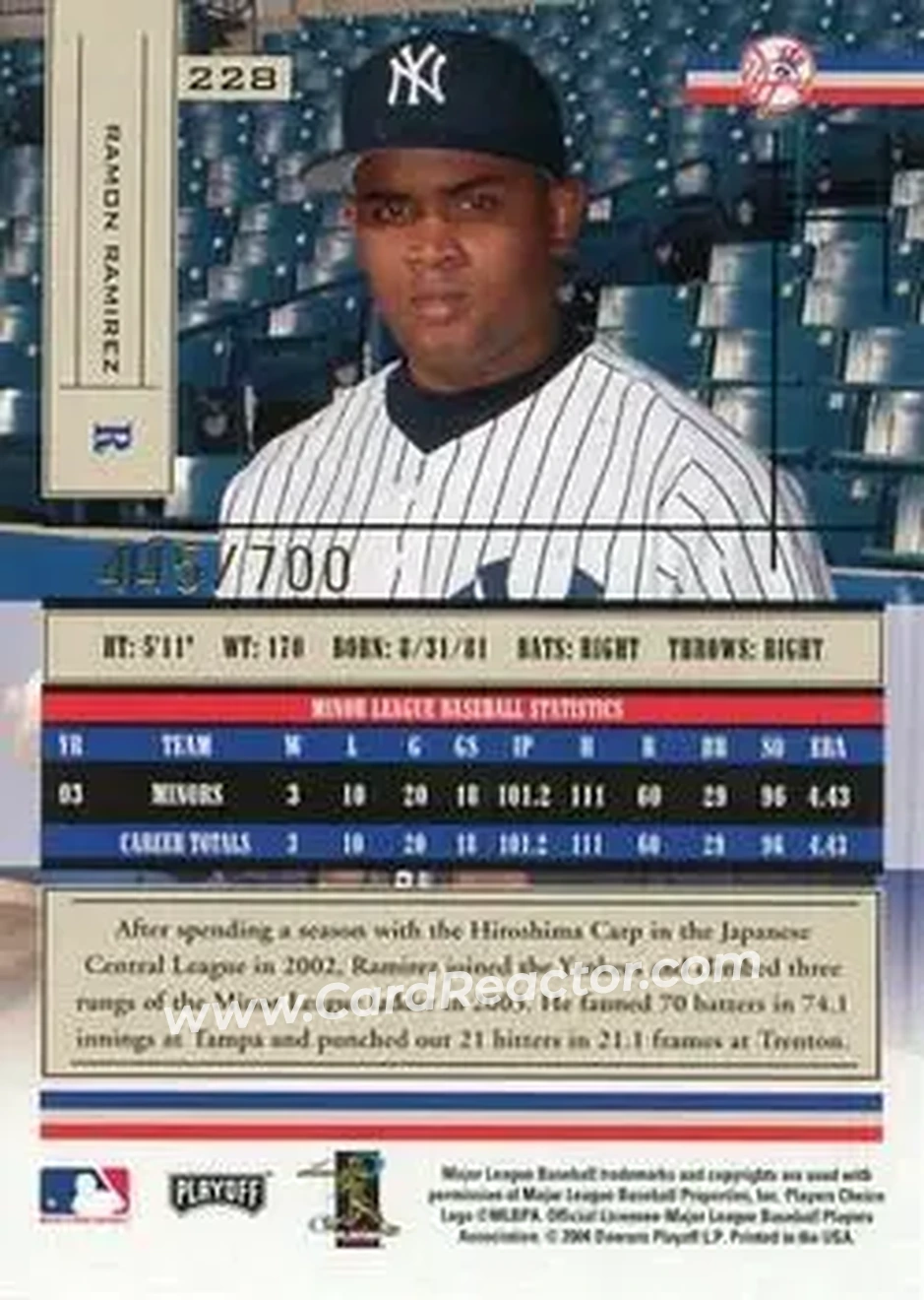 2004 Playoff Absolute Memorabilia #228 - Ramon Ramirez - New York Yankees - Back 2004 Playoff Absolute Memorabilia #228 - Ramon Ramirez - New York Yankees - Back